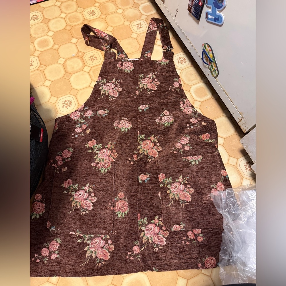 Pink Lily Brown overall dress with Pink Floral Design